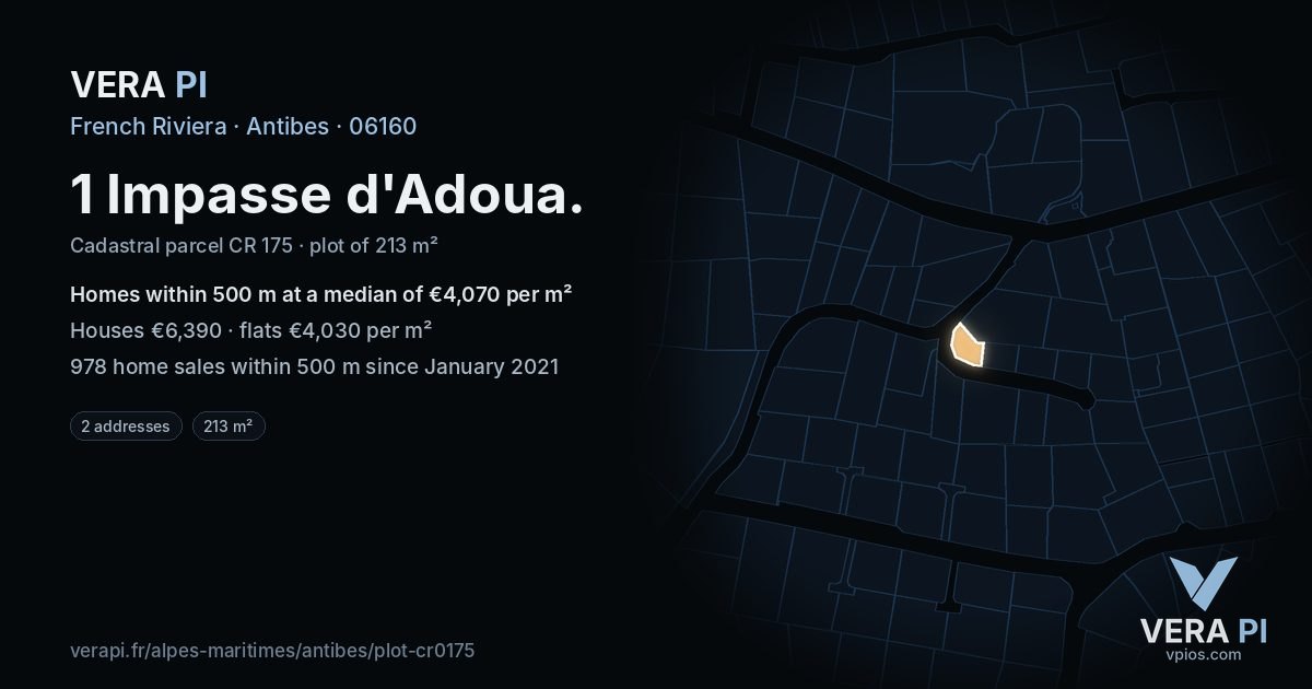 1 Impasse d'Adoua, Antibes at night – the plot lit, the parcels around coloured by the prices near them