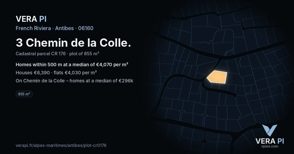 3 Chemin de la Colle, Antibes at night – the plot lit, the parcels around coloured by the prices near them
