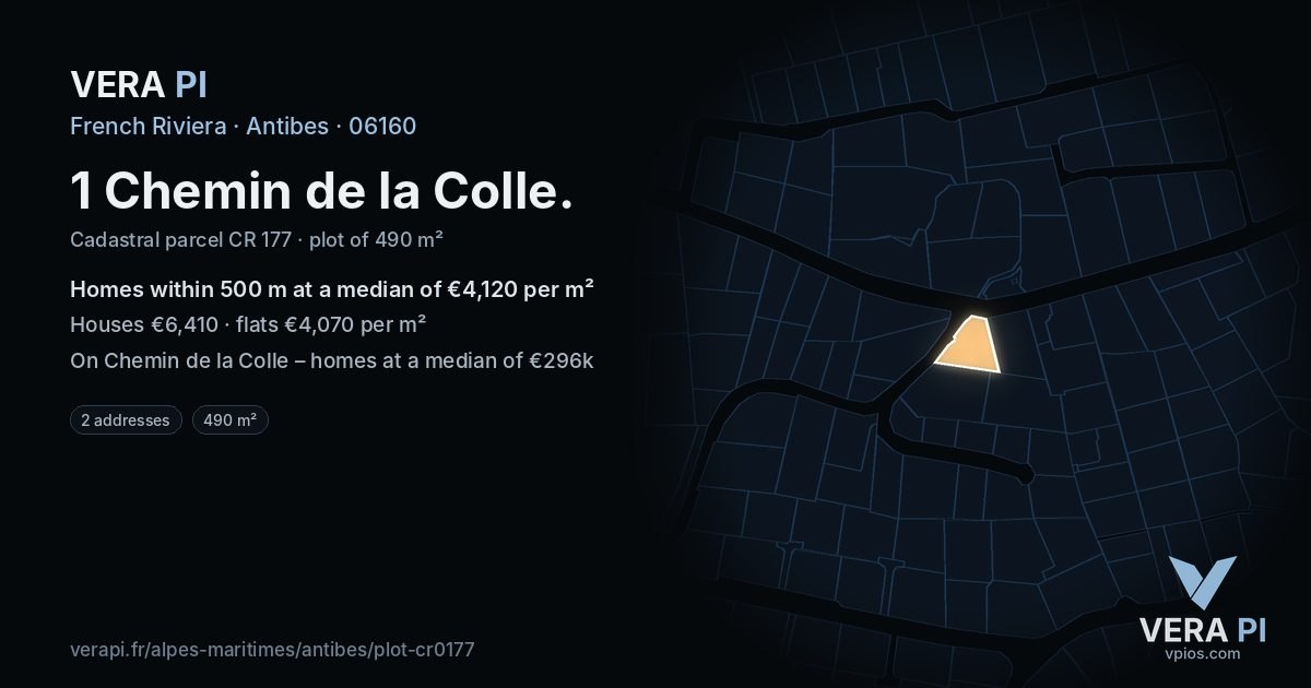 1 Chemin de la Colle, Antibes at night – the plot lit, the parcels around coloured by the prices near them