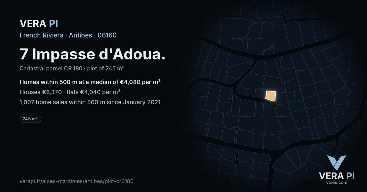 7 Impasse d'Adoua, Antibes at night – the plot lit, the parcels around coloured by the prices near them