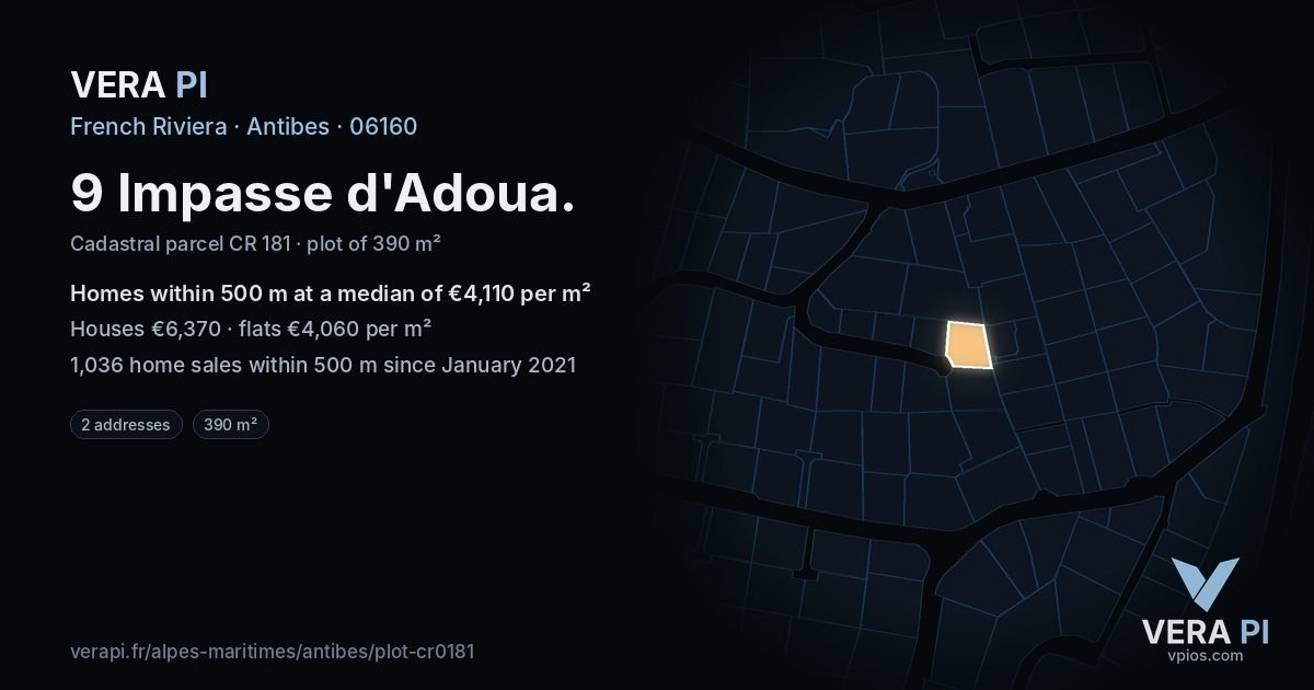 9 Impasse d'Adoua, Antibes at night – the plot lit, the parcels around coloured by the prices near them