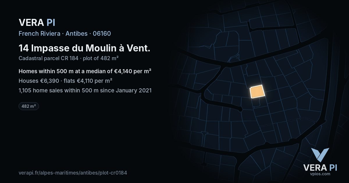 14 Impasse du Moulin à Vent, Antibes at night – the plot lit, the parcels around coloured by the prices near them