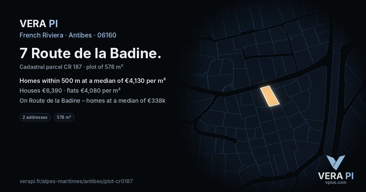 7 Route de la Badine, Antibes at night – the plot lit, the parcels around coloured by the prices near them