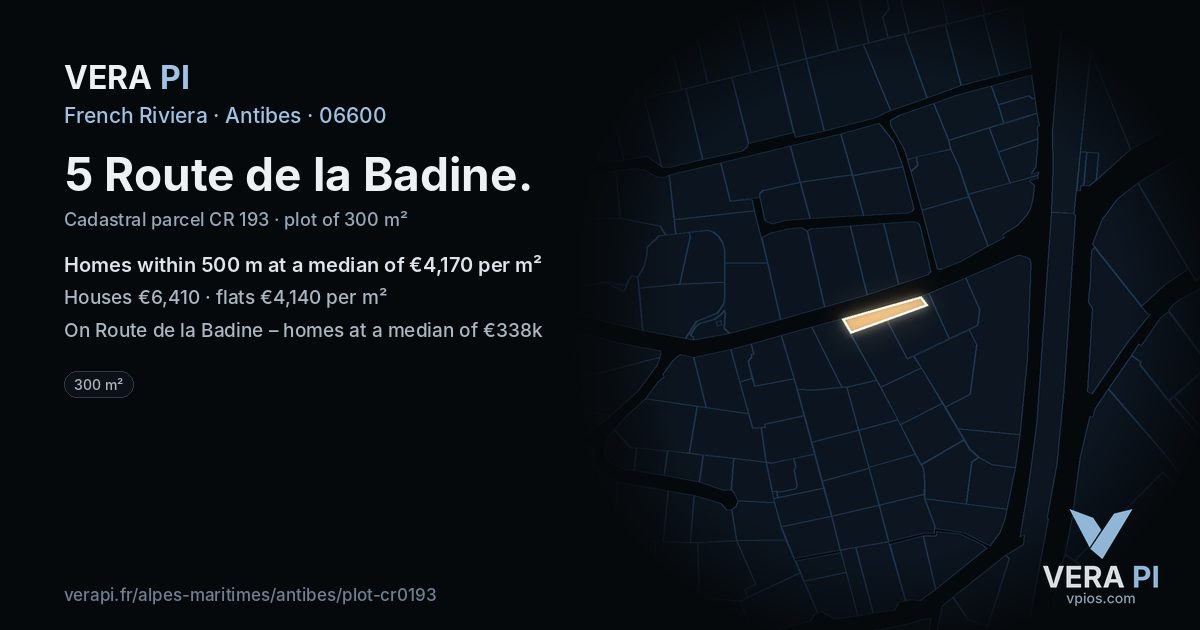 5 Route de la Badine, Antibes at night – the plot lit, the parcels around coloured by the prices near them