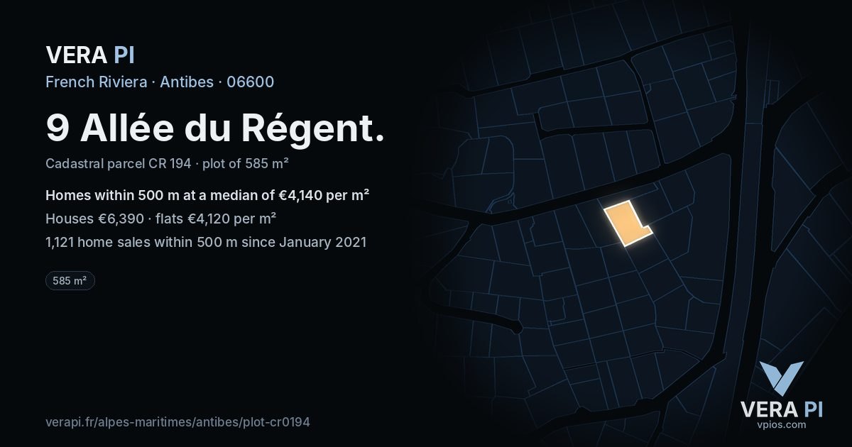 9 Allée du Régent, Antibes at night – the plot lit, the parcels around coloured by the prices near them
