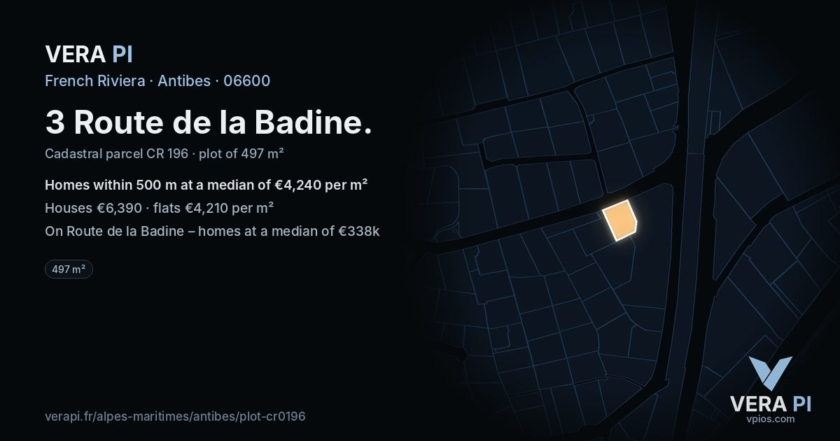 3 Route de la Badine, Antibes at night – the plot lit, the parcels around coloured by the prices near them