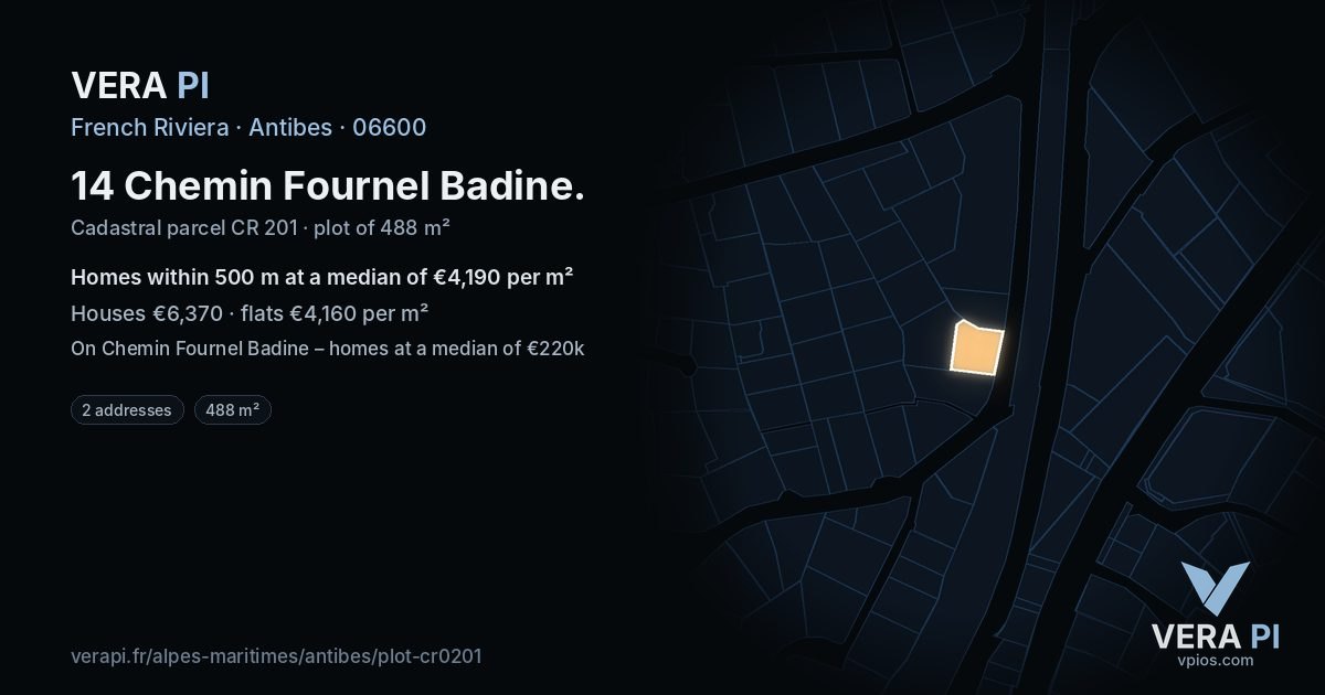 14 Chemin Fournel Badine, Antibes at night – the plot lit, the parcels around coloured by the prices near them