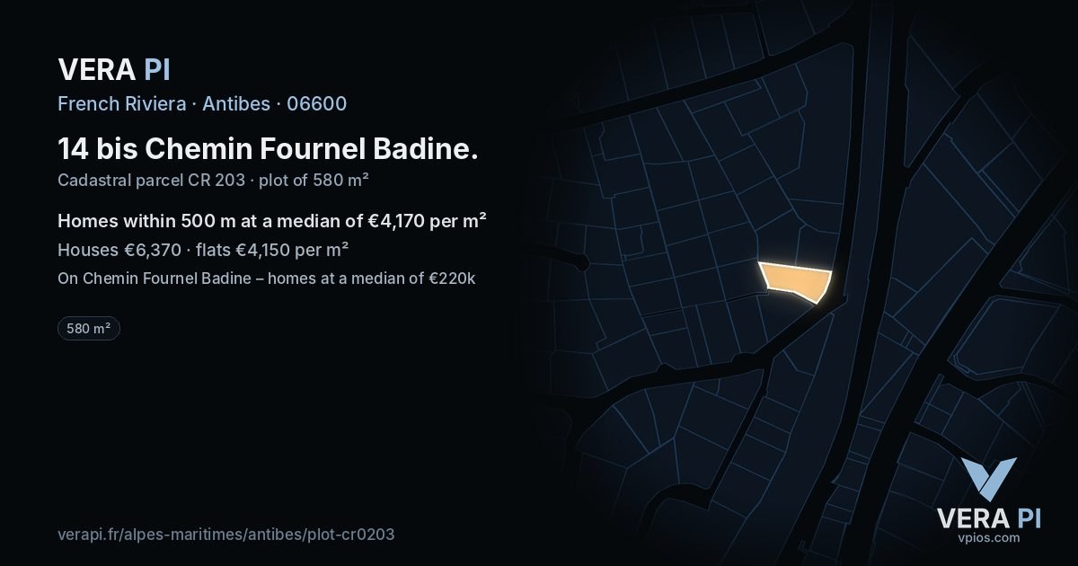 14 bis Chemin Fournel Badine, Antibes at night – the plot lit, the parcels around coloured by the prices near them