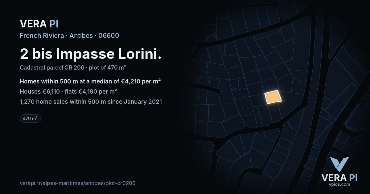 2 bis Impasse Lorini, Antibes at night – the plot lit, the parcels around coloured by the prices near them