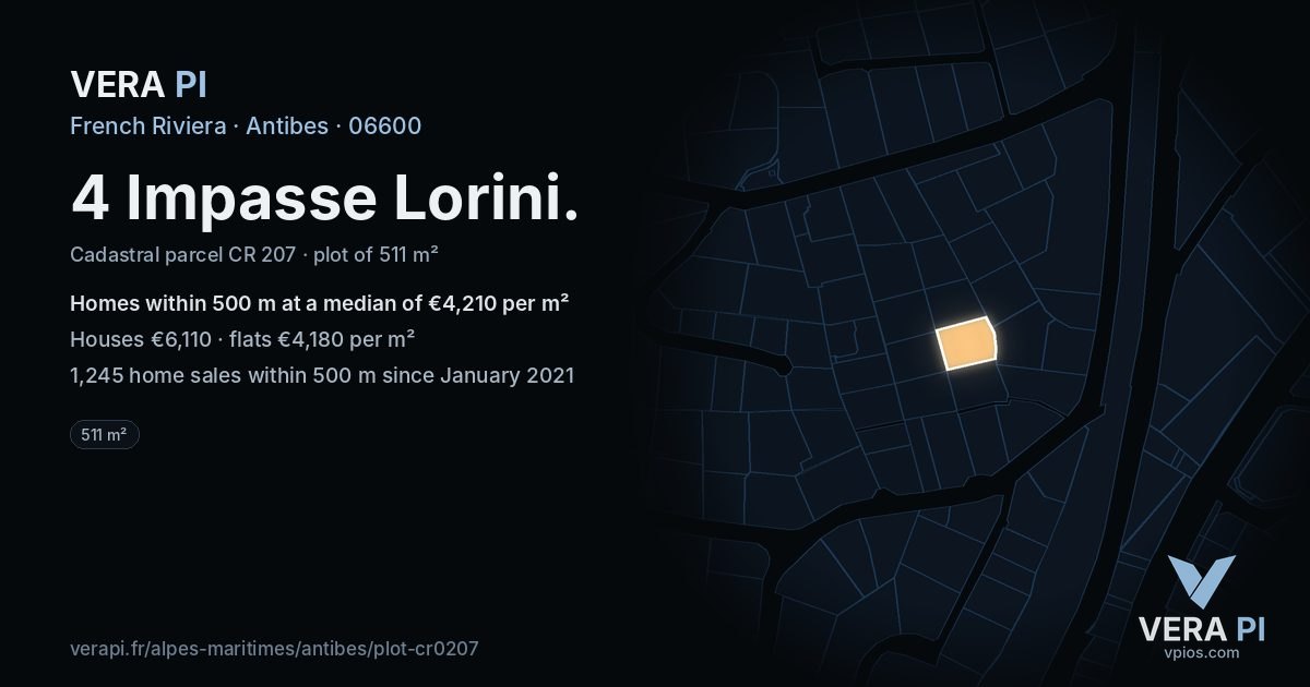 4 Impasse Lorini, Antibes at night – the plot lit, the parcels around coloured by the prices near them