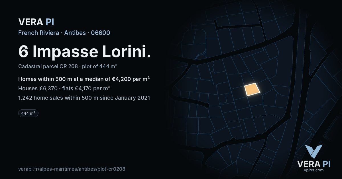 6 Impasse Lorini, Antibes at night – the plot lit, the parcels around coloured by the prices near them