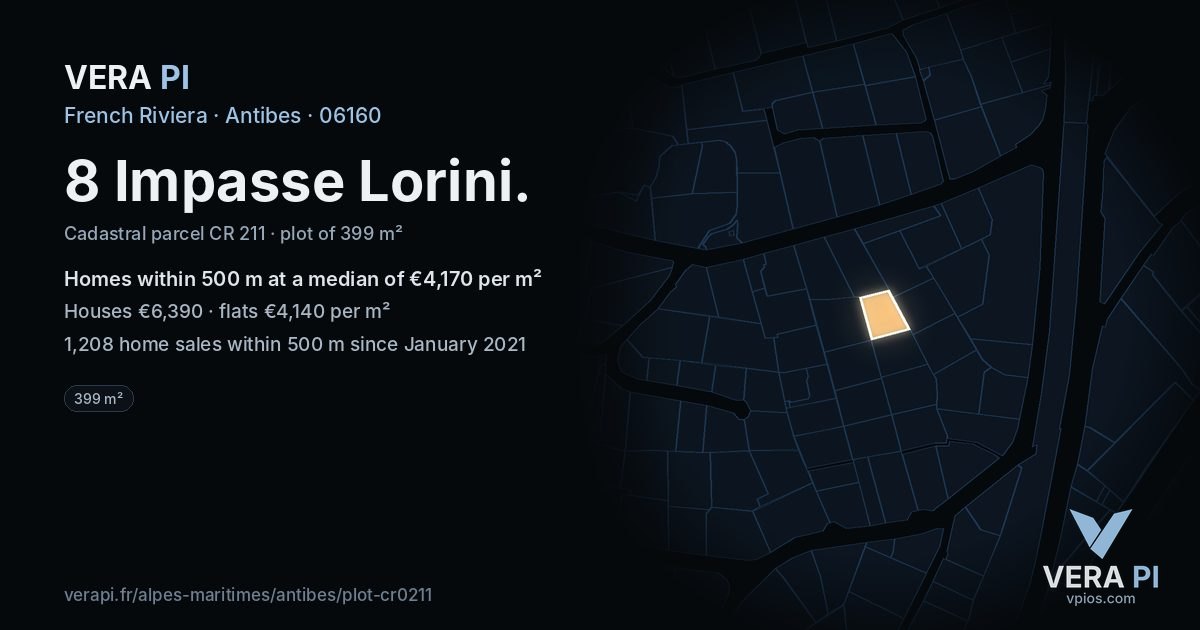 8 Impasse Lorini, Antibes at night – the plot lit, the parcels around coloured by the prices near them