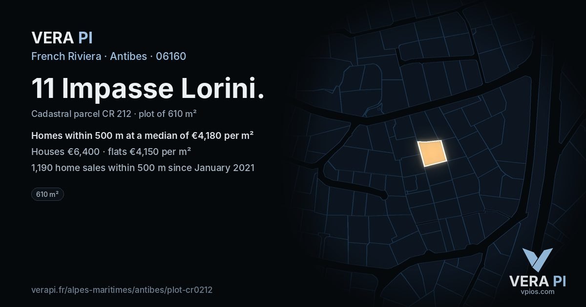 11 Impasse Lorini, Antibes at night – the plot lit, the parcels around coloured by the prices near them