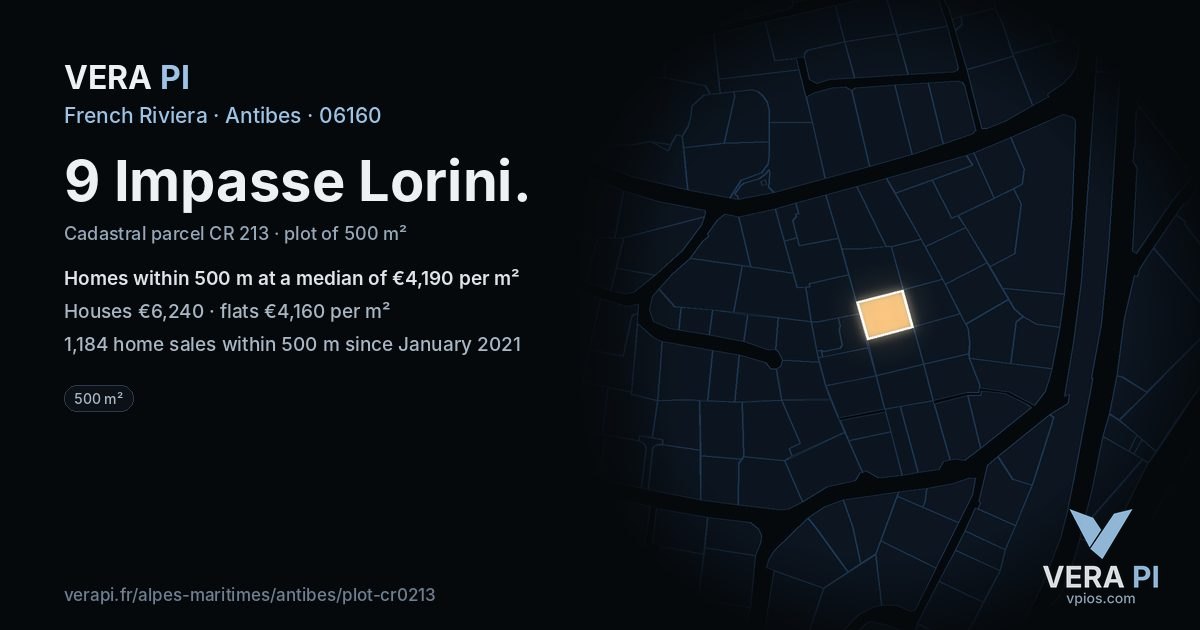 9 Impasse Lorini, Antibes at night – the plot lit, the parcels around coloured by the prices near them