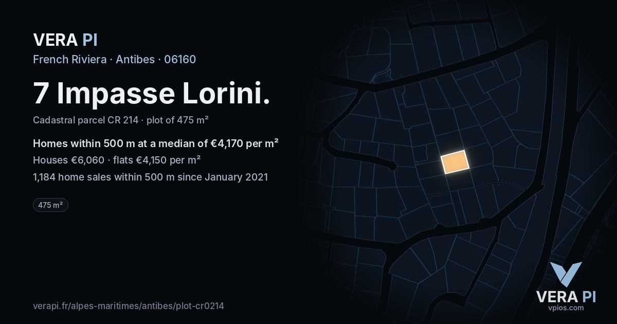 7 Impasse Lorini, Antibes at night – the plot lit, the parcels around coloured by the prices near them