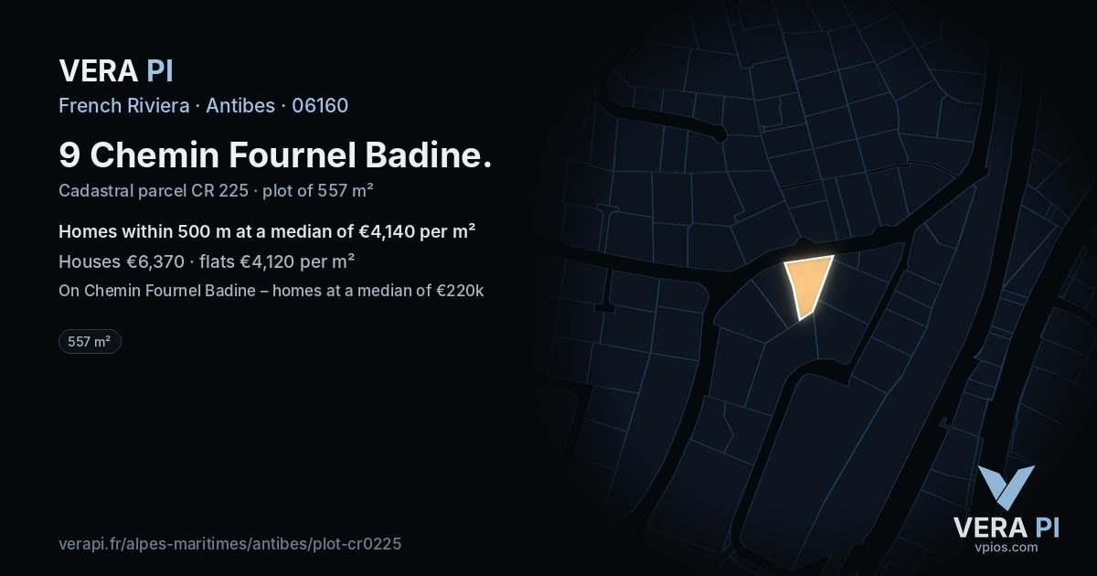 9 Chemin Fournel Badine, Antibes at night – the plot lit, the parcels around coloured by the prices near them