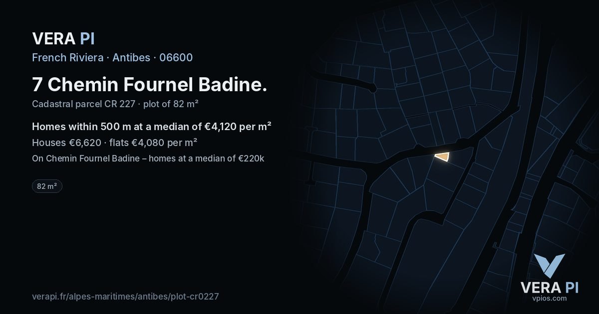 7 Chemin Fournel Badine, Antibes at night – the plot lit, the parcels around coloured by the prices near them