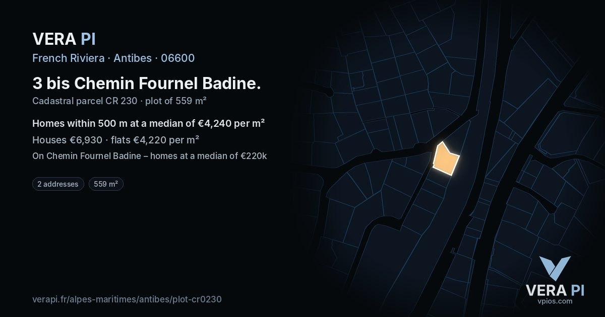 3 bis Chemin Fournel Badine, Antibes at night – the plot lit, the parcels around coloured by the prices near them