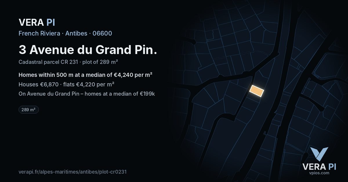 3 Avenue du Grand Pin, Antibes at night – the plot lit, the parcels around coloured by the prices near them