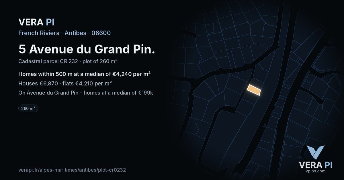 5 Avenue du Grand Pin, Antibes at night – the plot lit, the parcels around coloured by the prices near them