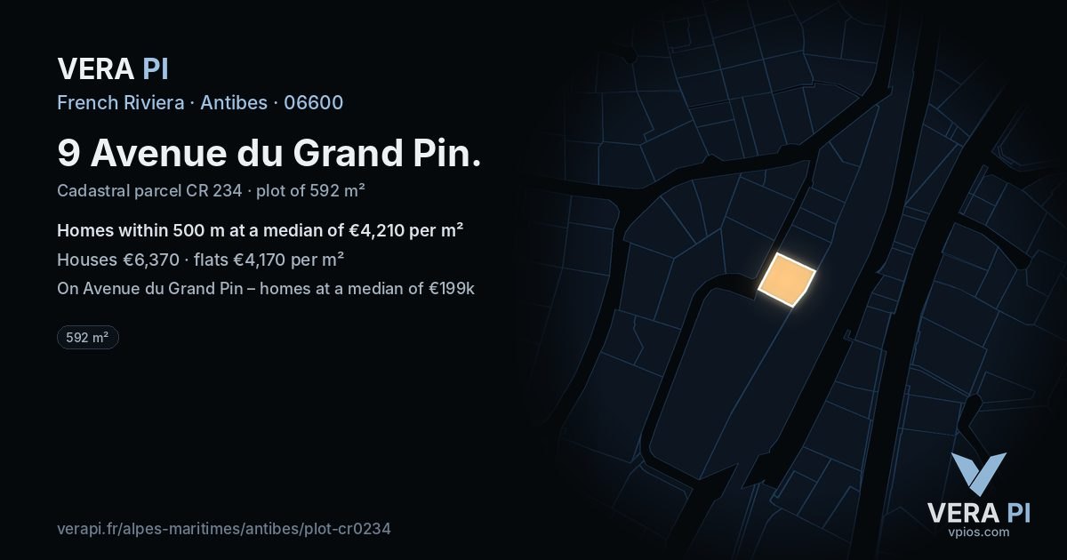 9 Avenue du Grand Pin, Antibes at night – the plot lit, the parcels around coloured by the prices near them