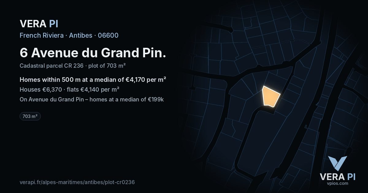 6 Avenue du Grand Pin, Antibes at night – the plot lit, the parcels around coloured by the prices near them