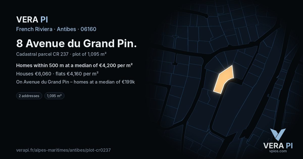 8 Avenue du Grand Pin, Antibes at night – the plot lit, the parcels around coloured by the prices near them