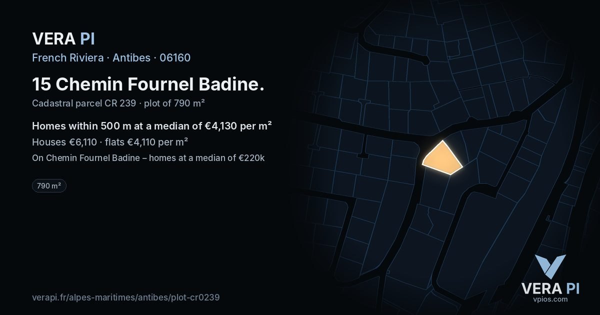 15 Chemin Fournel Badine, Antibes at night – the plot lit, the parcels around coloured by the prices near them