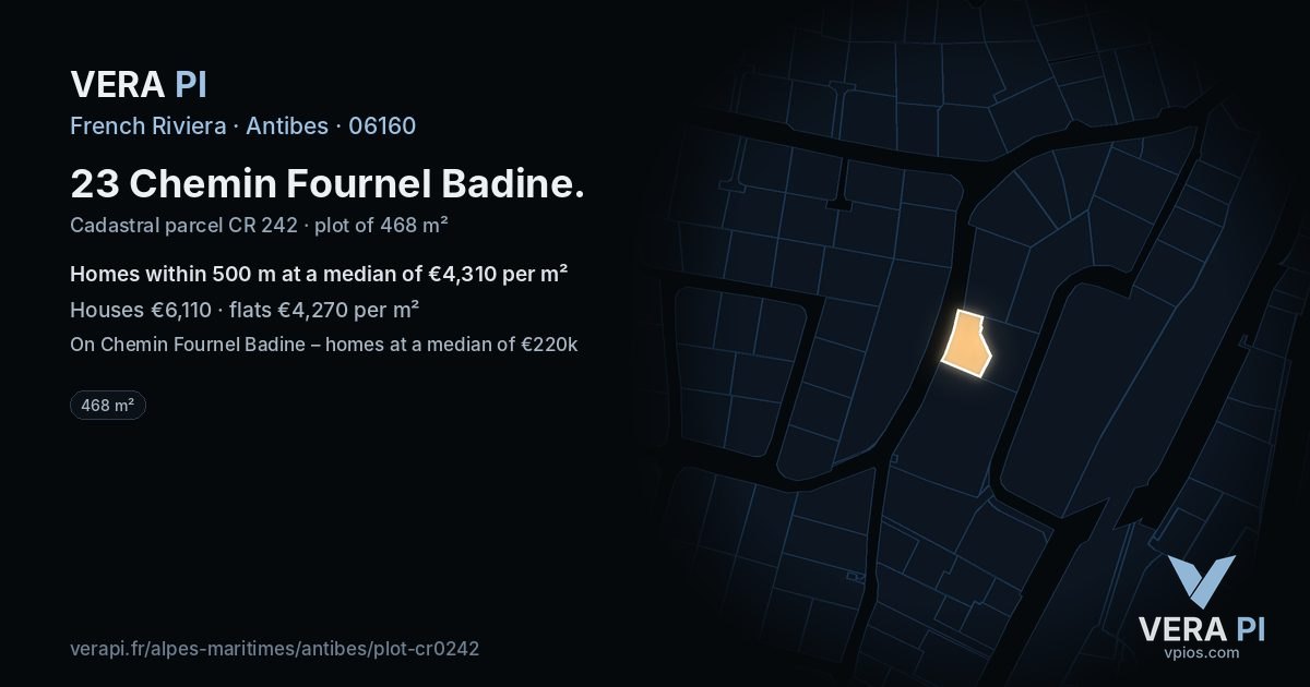 23 Chemin Fournel Badine, Antibes at night – the plot lit, the parcels around coloured by the prices near them