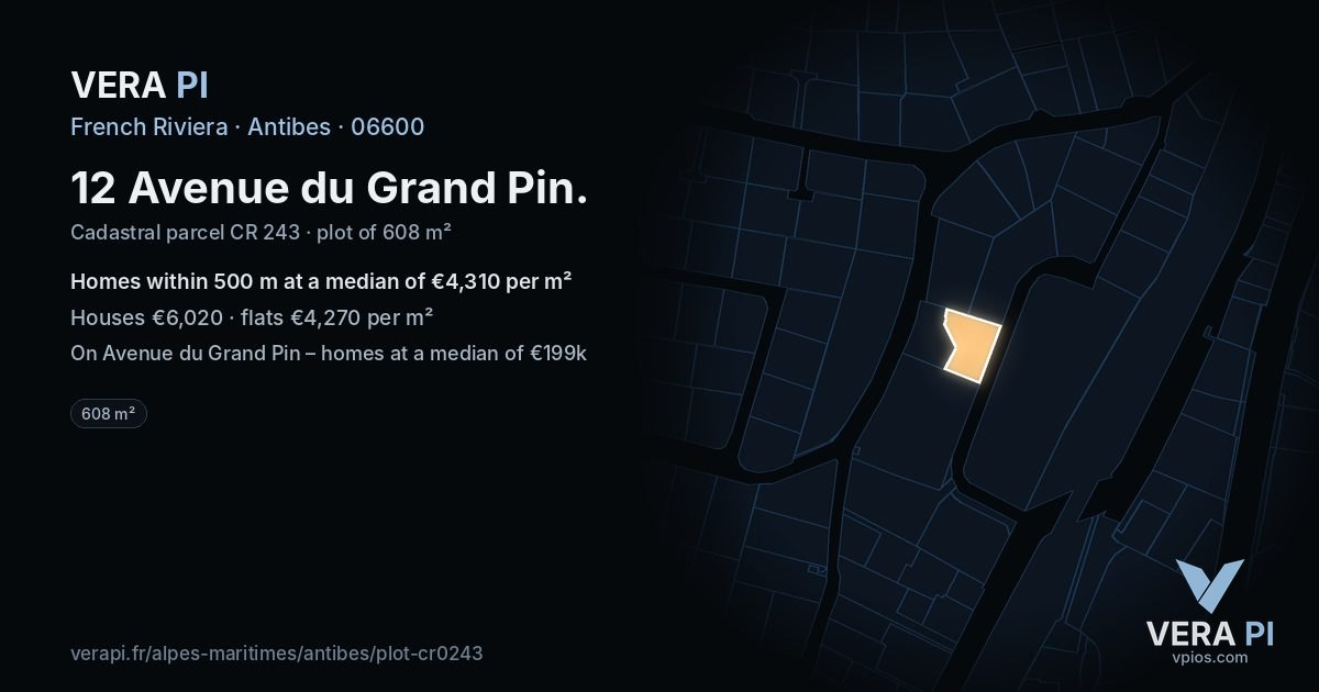 12 Avenue du Grand Pin, Antibes at night – the plot lit, the parcels around coloured by the prices near them