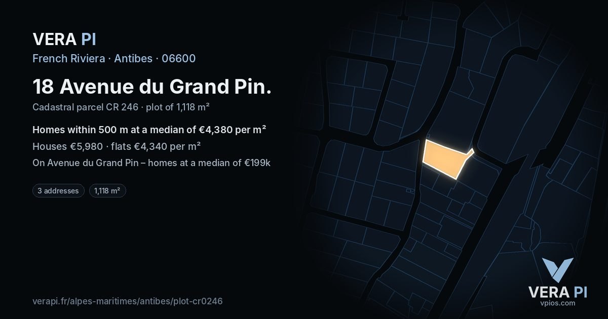 18 Avenue du Grand Pin, Antibes at night – the plot lit, the parcels around coloured by the prices near them