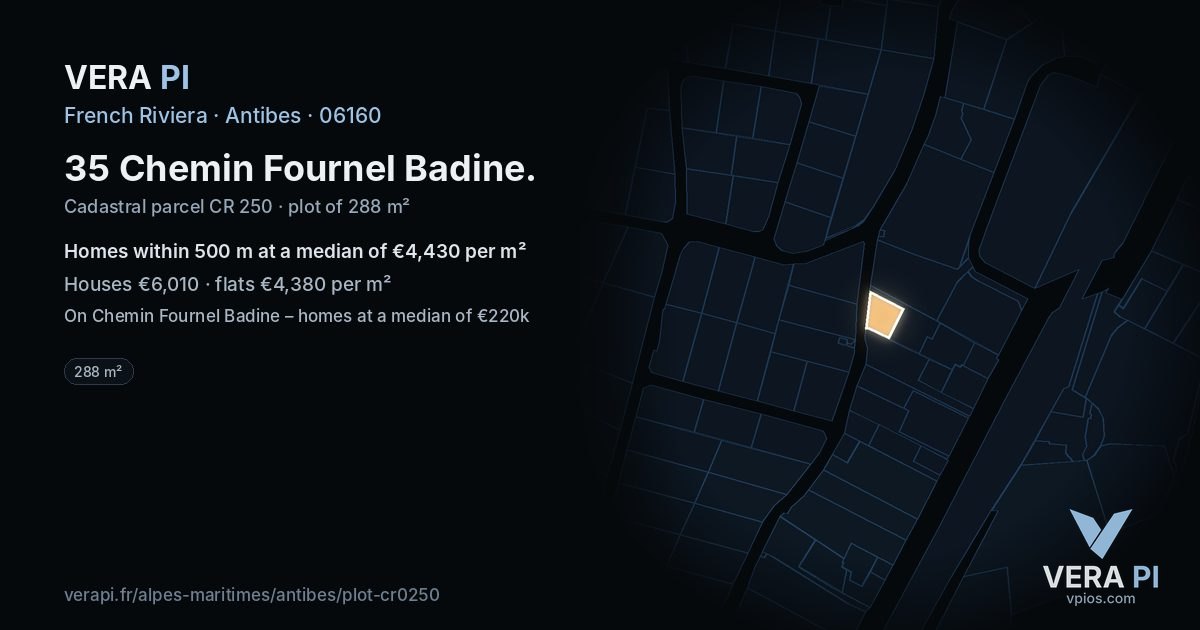 35 Chemin Fournel Badine, Antibes at night – the plot lit, the parcels around coloured by the prices near them