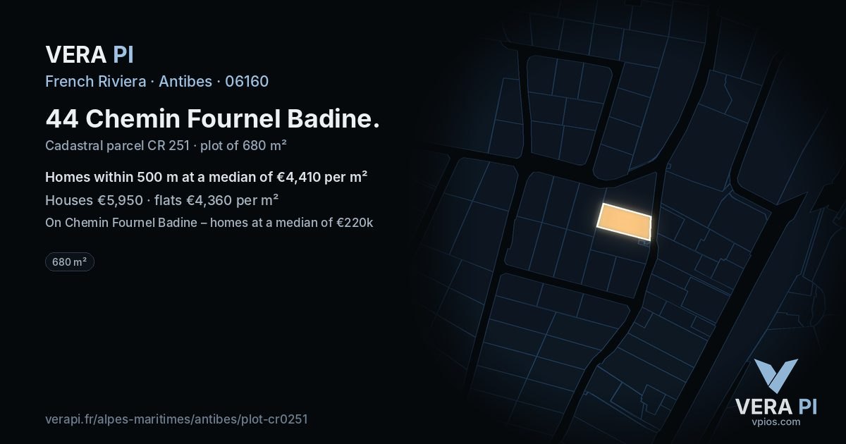 44 Chemin Fournel Badine, Antibes at night – the plot lit, the parcels around coloured by the prices near them