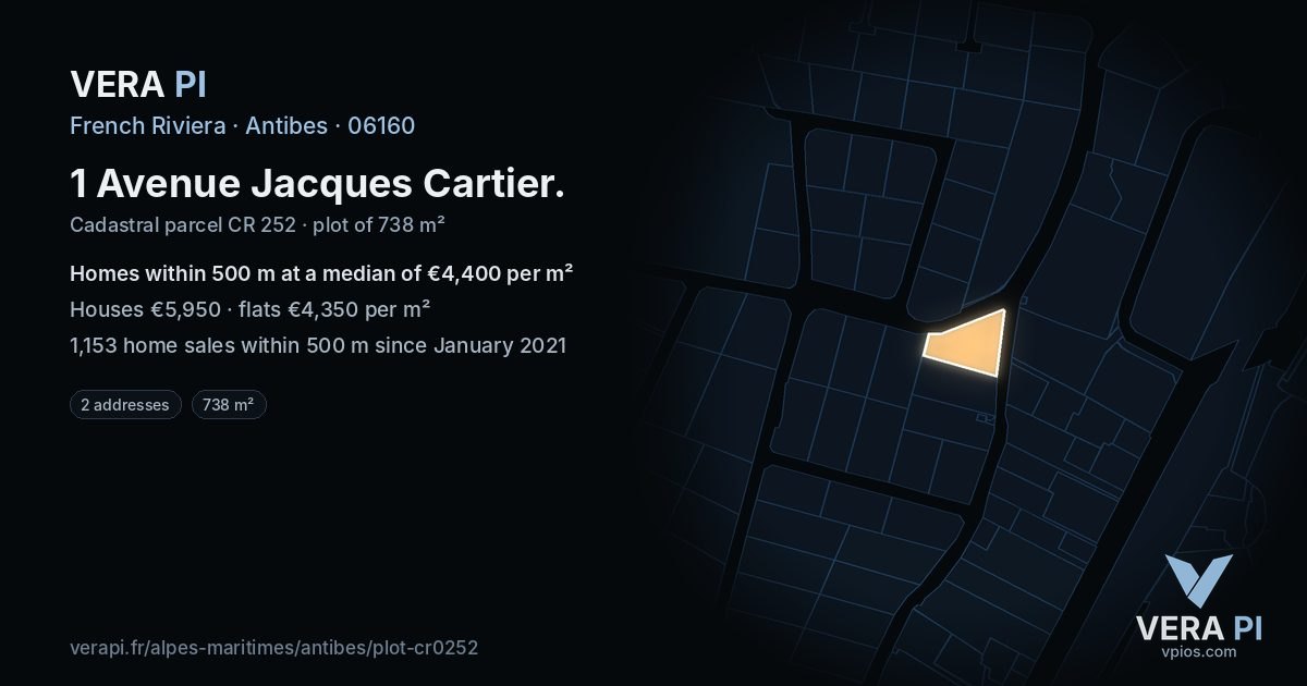 1 Avenue Jacques Cartier, Antibes at night – the plot lit, the parcels around coloured by the prices near them