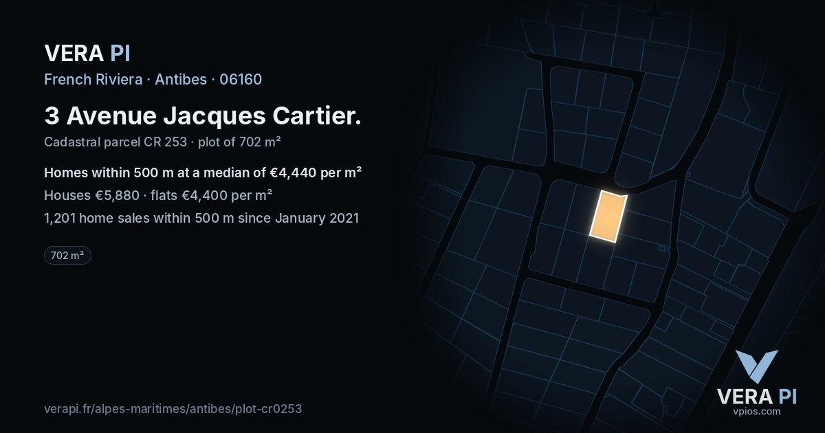 3 Avenue Jacques Cartier, Antibes at night – the plot lit, the parcels around coloured by the prices near them