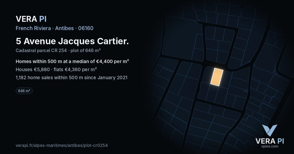 5 Avenue Jacques Cartier, Antibes at night – the plot lit, the parcels around coloured by the prices near them
