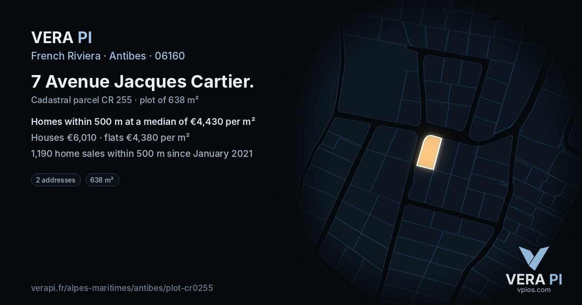 7 Avenue Jacques Cartier, Antibes at night – the plot lit, the parcels around coloured by the prices near them