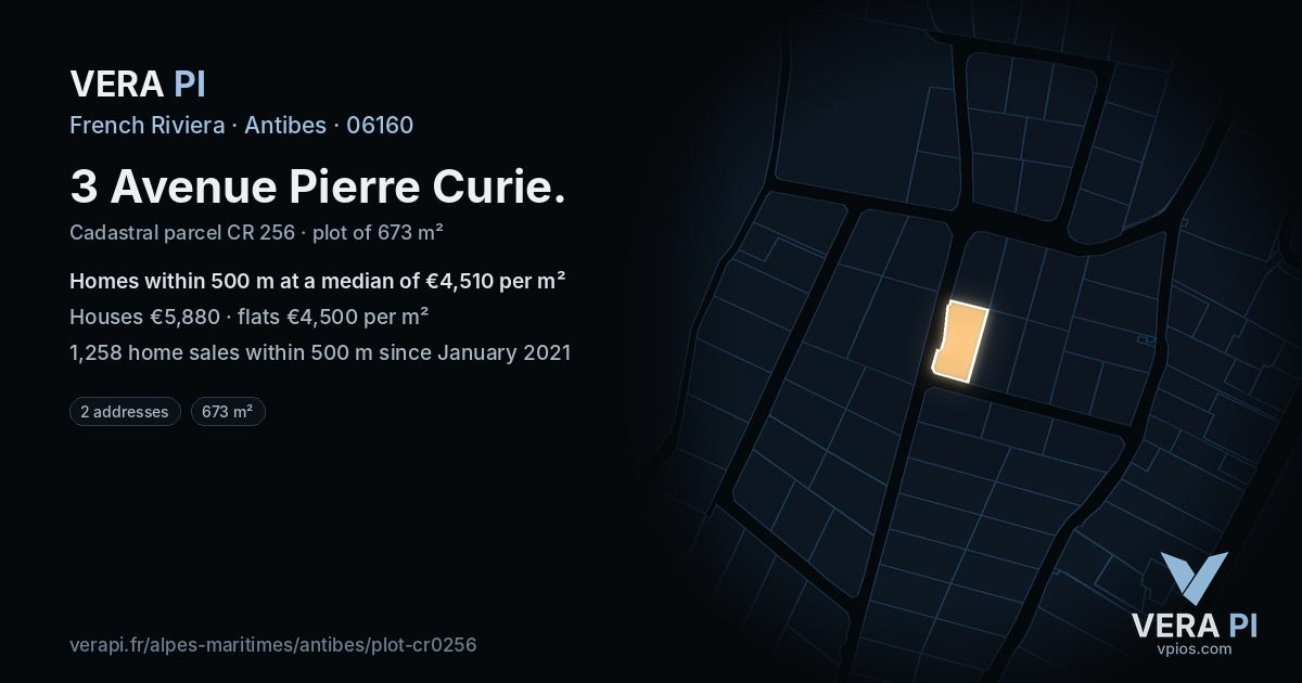 3 Avenue Pierre Curie, Antibes at night – the plot lit, the parcels around coloured by the prices near them