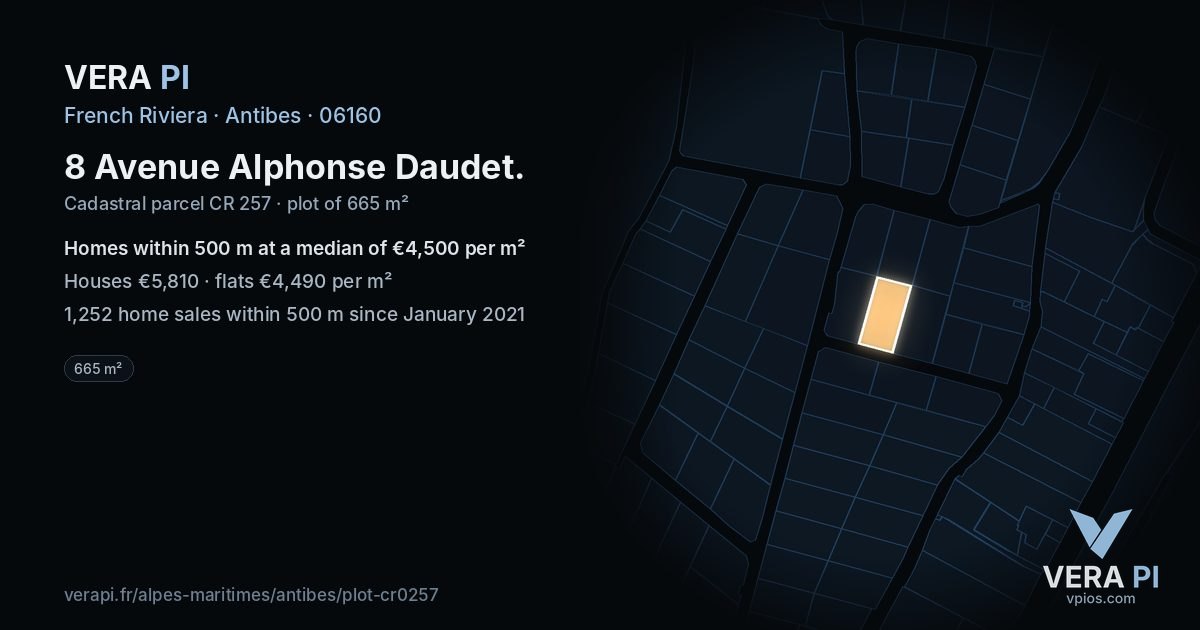 8 Avenue Alphonse Daudet, Antibes at night – the plot lit, the parcels around coloured by the prices near them