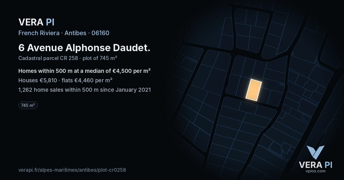 6 Avenue Alphonse Daudet, Antibes at night – the plot lit, the parcels around coloured by the prices near them