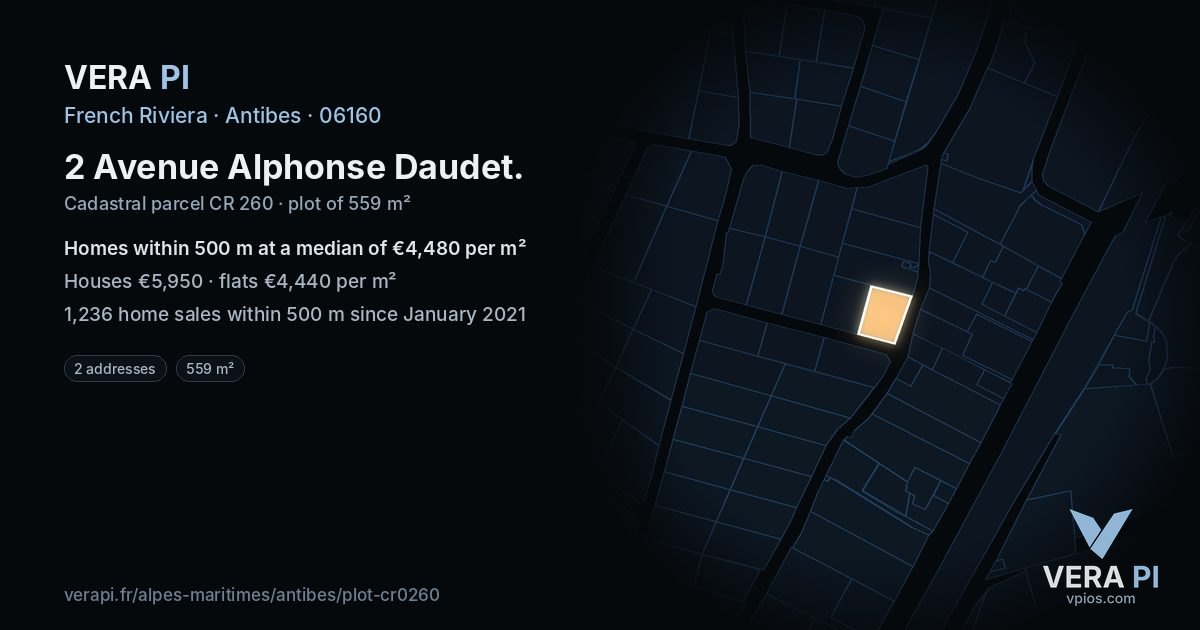 2 Avenue Alphonse Daudet, Antibes at night – the plot lit, the parcels around coloured by the prices near them