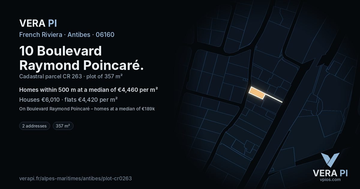 10 Boulevard Raymond Poincaré, Antibes at night – the plot lit, the parcels around coloured by the prices near them