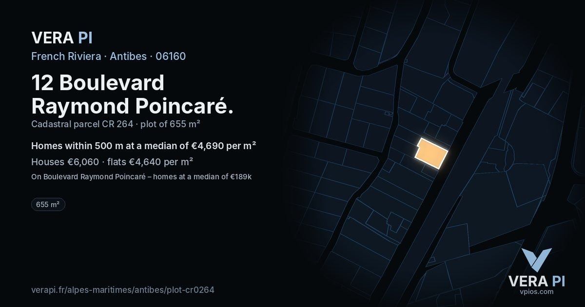 12 Boulevard Raymond Poincaré, Antibes at night – the plot lit, the parcels around coloured by the prices near them