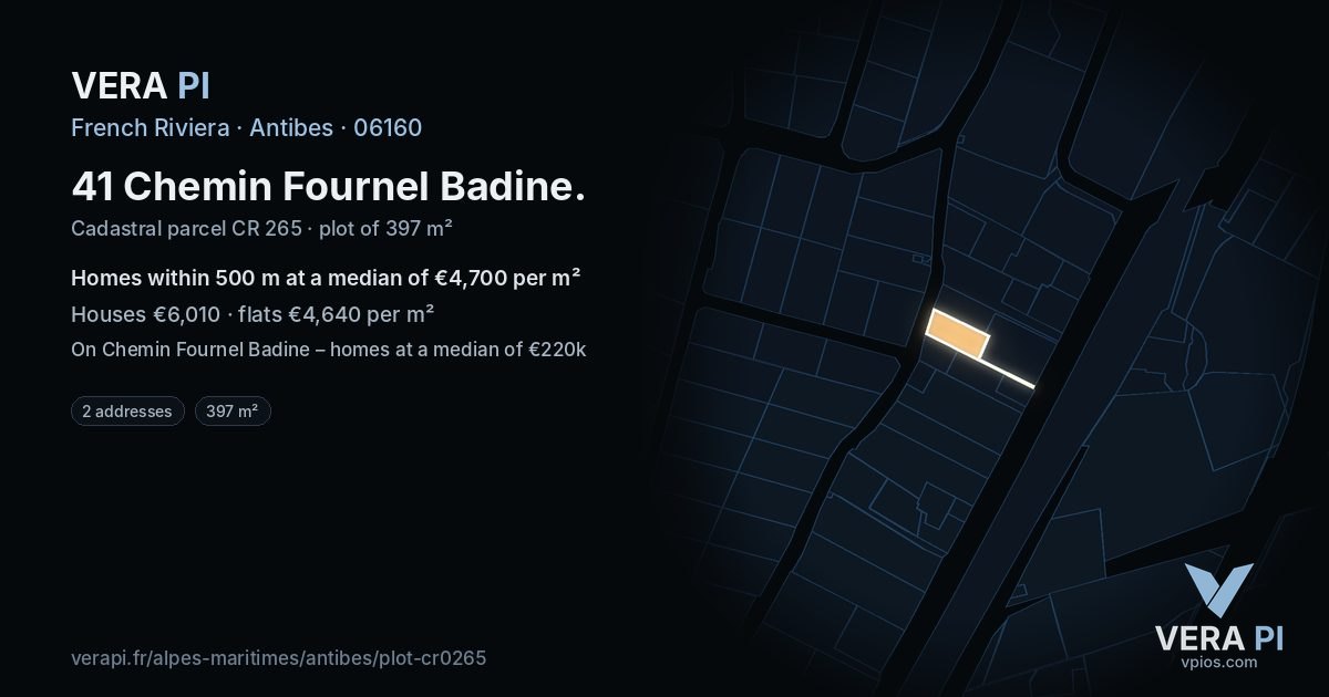 41 Chemin Fournel Badine, Antibes at night – the plot lit, the parcels around coloured by the prices near them