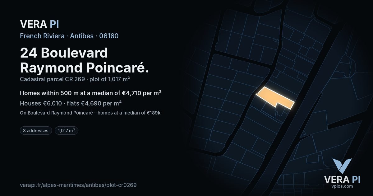 24 Boulevard Raymond Poincaré, Antibes at night – the plot lit, the parcels around coloured by the prices near them