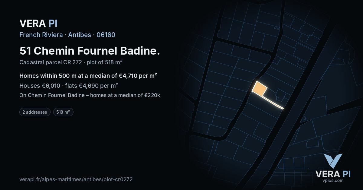 51 Chemin Fournel Badine, Antibes at night – the plot lit, the parcels around coloured by the prices near them