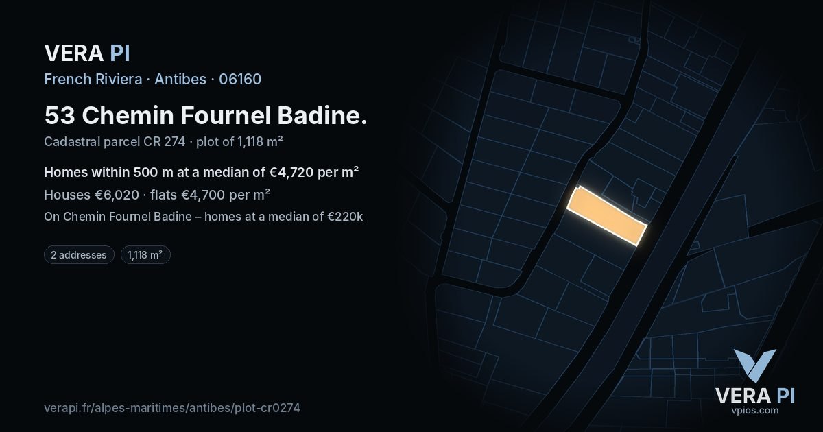 53 Chemin Fournel Badine, Antibes at night – the plot lit, the parcels around coloured by the prices near them