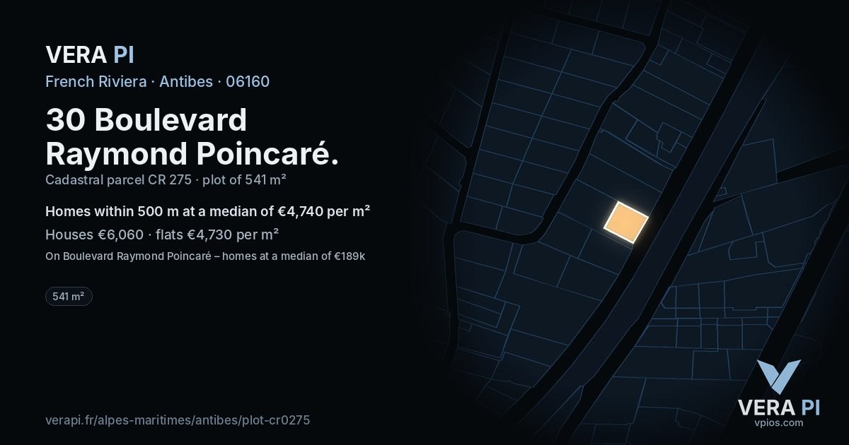 30 Boulevard Raymond Poincaré, Antibes at night – the plot lit, the parcels around coloured by the prices near them