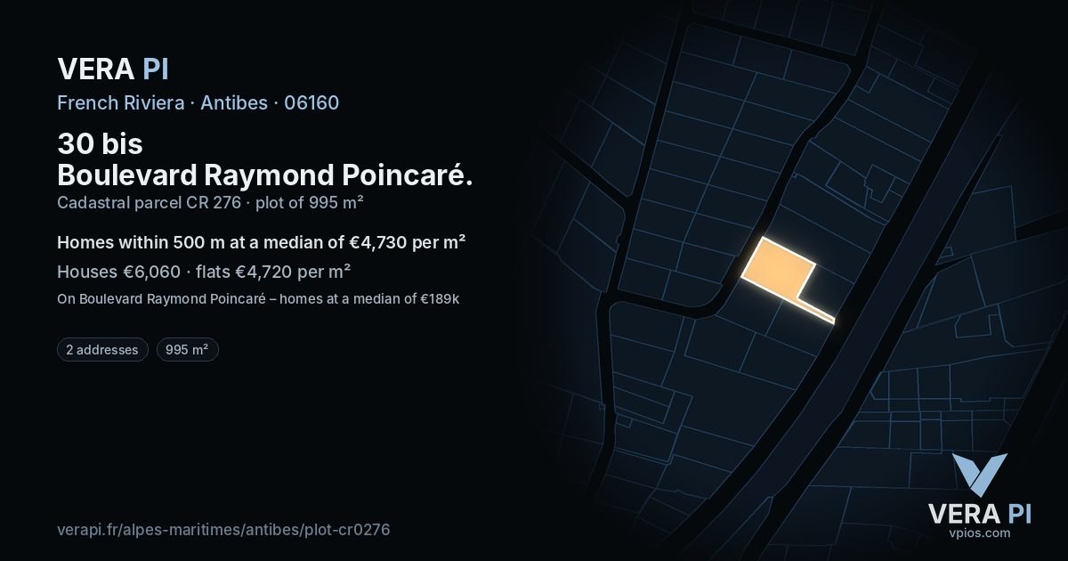 30 bis Boulevard Raymond Poincaré, Antibes at night – the plot lit, the parcels around coloured by the prices near them