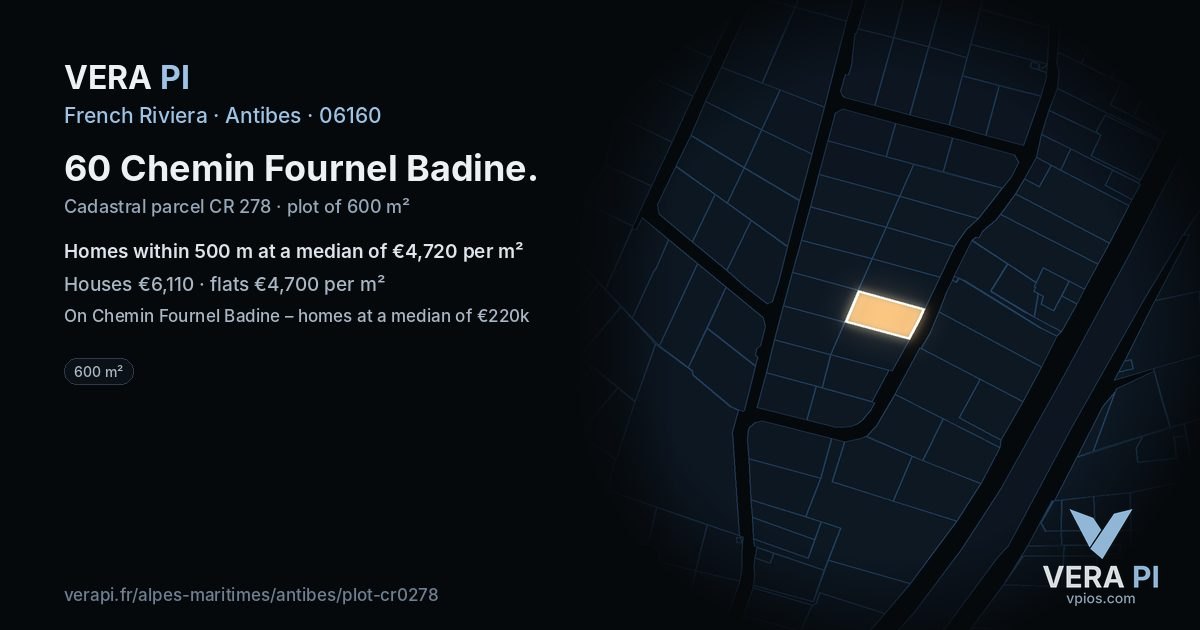 60 Chemin Fournel Badine, Antibes at night – the plot lit, the parcels around coloured by the prices near them